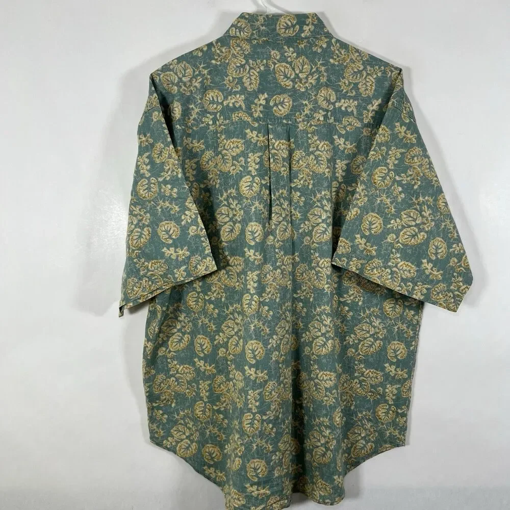 Vintage Bugle Boy Short Sleeve Button Down Shirt Mens XL Blue Beige Floral Ramie
